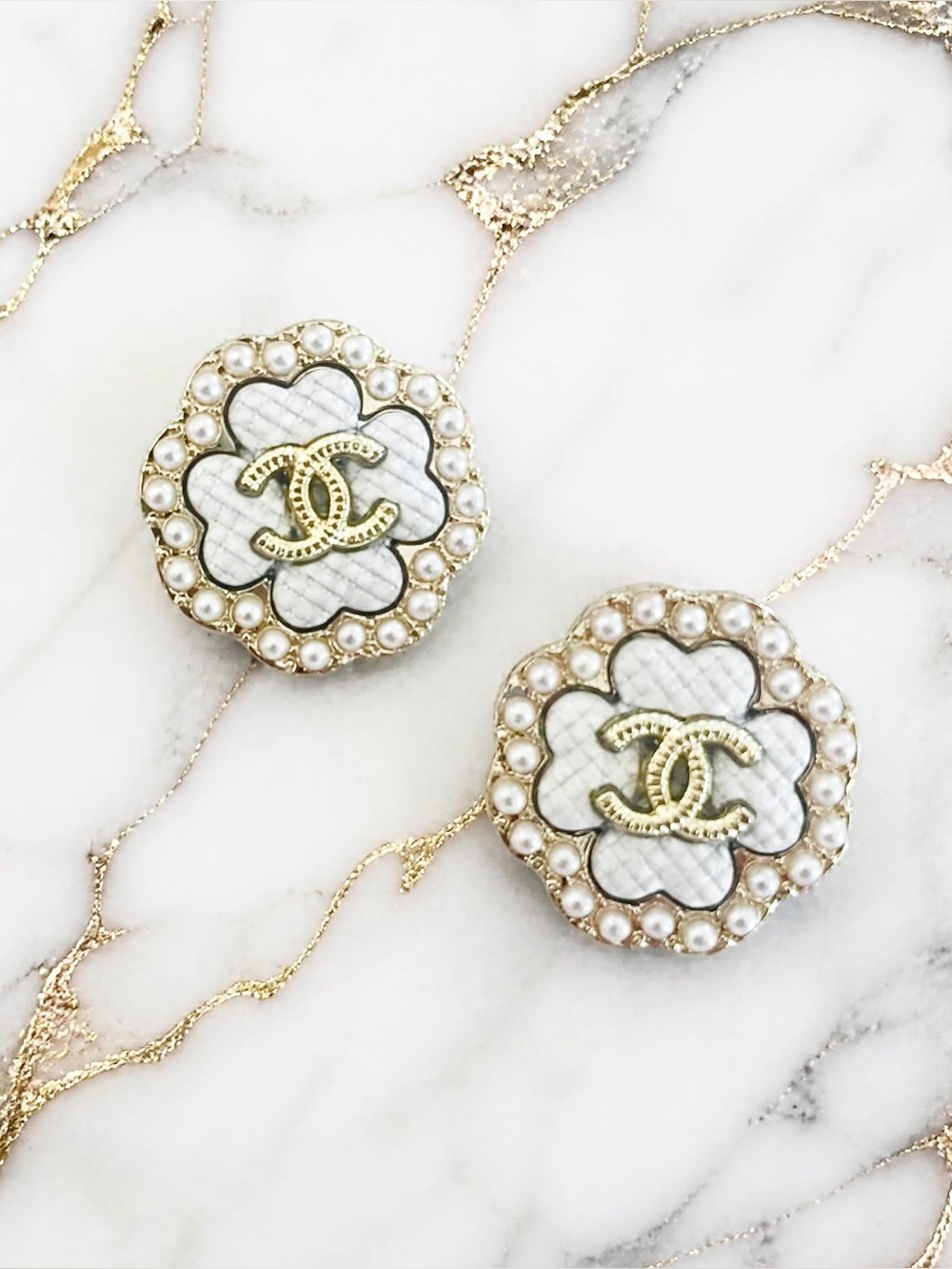 Luxury White/Gold/Faux Pearl Camellia Upcycled Logo Button Earrings 22mm
